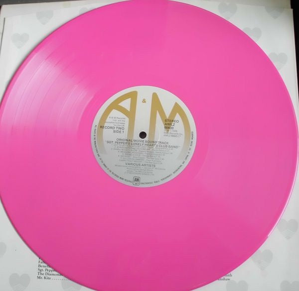 Image of Label Cover of LP - VG+/G+ - VARIOUS, Sgt. Pepper's Lonely Hearts Club Band (A&M Records; AMLZ 66600, UK 1978, Hype Stickered Gatefold Sleeve, 2 Inners, Poster, Pink Vinyl.), Strong G+ one big surface mark on first disc. No hype sticker.,  - 1946108S