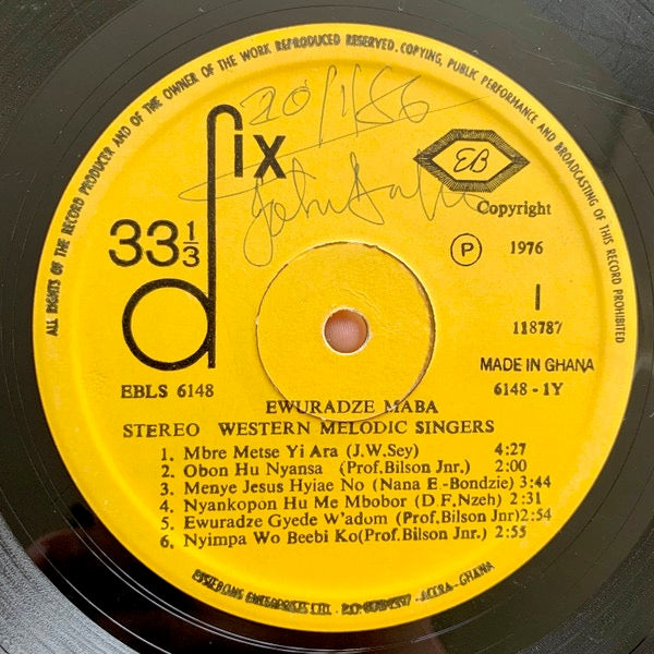 Image of Back Cover of 1114251C: LP - WESTERN MELODIC SINGERS, Ewuradze Maba (Essiebons ; EBLS 6148, Ghana 1976) Slight warp and some pressing faults but plays fine!  VG/G