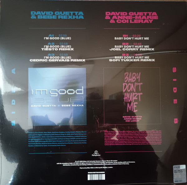 Image of Back Cover of 4244023S: 12" - DAVID GUETTA, BEBE REXHA, ANNE-MARIE, COI LERAY, I m Good (Blue) / Baby Don't Hurt Me (Parlophone; 5054197840258, Europe 2023, Picture Sleeve, Black Vinyl) Opened Instore, Still in Shrinkwrap.  EX/EX