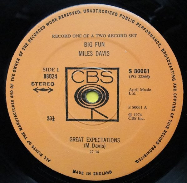 Image of Label Cover of 2xLP - VG/VG - MILES DAVIS, Big Fun (CBS Orange (33 1/3 On Label); 88024, UK 1974, Gatefold, 2 Company inners), Disc 1 is VG with a few light hairlines. Disc 2 is VG+. Sleeve has ringwear and edgewear. ,  - 3926004E