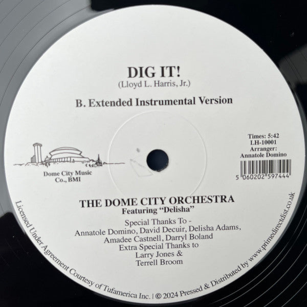 Image of Back Cover of 1714220C: 12" - THE DOME CITY ORCHESTRA FEATURING DELISHA, Dig It! (Dome City Music Co.; LH-10001, UK 2024 Reissue, Plain Sleeve)   NEW/NEW