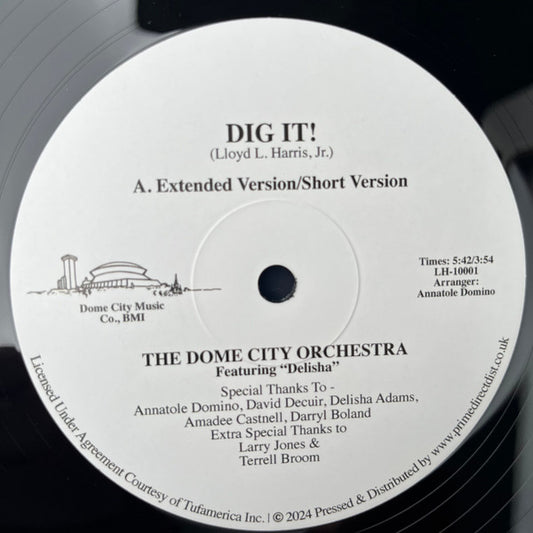 Image of Front Cover of 1754146S: 12" - THE DOME CITY ORCHESTRA FEATURING DELISHA, Dig It! (Dome City Music Co.; LH-10001, UK 2024 Reissue, Plain Sleeve)   NEW/NEW