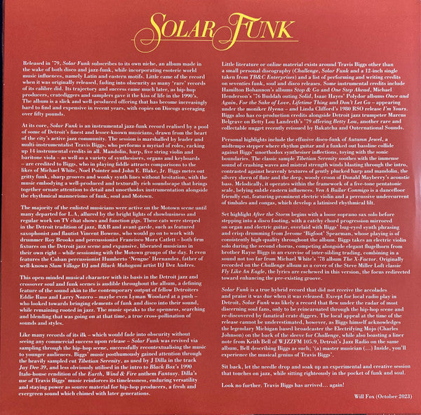 Image of Back Cover of 1714276C: LP - TRAVIS BIGGS, Solar Funk (RSD 2024) (Demon Records; DEMREC1211, Worldwide 2024, Inner, Solar Speckle Marbled Translucent Vinyl)   NEW/NEW