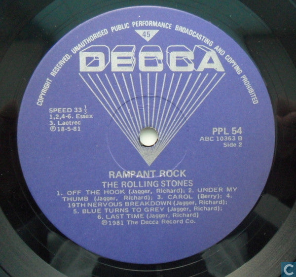 Image of Label Cover of LP - G/VG - THE ROLLING STONES, Rampant Rock (Decca; PPL 54, South Africa 1981), Sleeve Torn Along Bottom Seam,  - 3926203E
