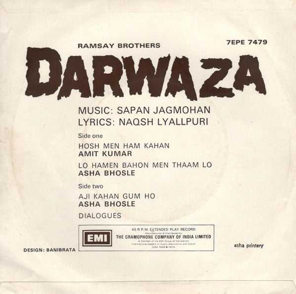 Image of Back Cover of 1124307E: 7" EP - SAPAN JAGMOHAN, NAQSH LYALLPURI, Darwaza (His Master's Voice ; 7EPE 7479, India 1977, Picture Sleeve) Light Surface Noise, Totally Split Top Seam, Spine And Other Seam Split, Bottom Right Corner Torn  F/VG