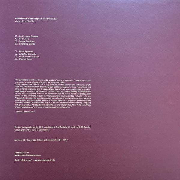 Image of Back Cover of 1144420S: LP - WANDERWELLE & BANDHAGENS MUSIKF RENING, Victory Over The Sun (Semantica Records; SEMANTICA 113, Spain 2019, Clear Vinyl)   VG/VG+