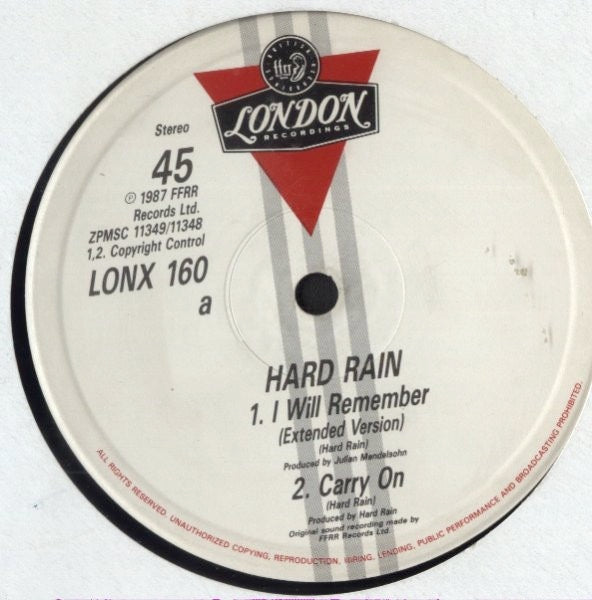 Image of Back Cover of 1114453C: 12" - HARD RAIN, I Will Remember (London Records; LONX 160, UK 1987, Gatefold)   VG/VG