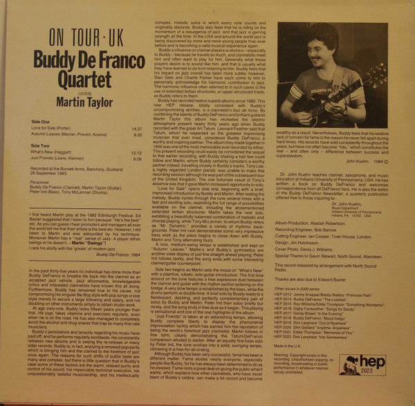 Image of Back Cover of 1224011E: LP - BUDDY DEFRANCO QUARTET FEATURING MARTIN TAYLOR, On Tour - UK (Hep Records; Hep 2023, UK 1984) Sticker residue to sleeve  VG/VG+