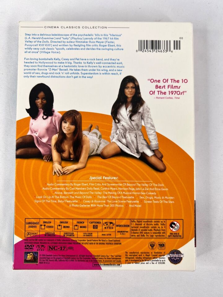 Image of Back Cover of 1234010E: 2xDVD - RUSS MEYER, Beyond The Valley Of The Dolls (20th Century Fox; , US , Slipcase, Region 1 US)   VG+/VG+