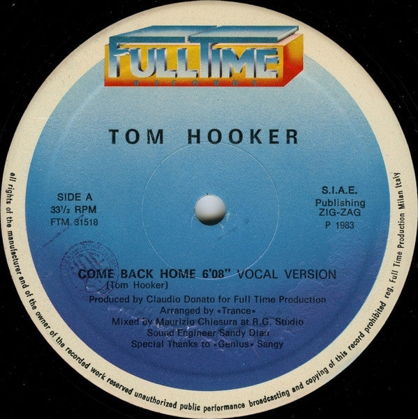 Image of Label Cover of 12" - VG/VG - TOM HOOKER, Come Back Home (Full Time Records; FTM 31518, Italy 1983, Picture Sleeve), Strong VG.,  - 2016352C