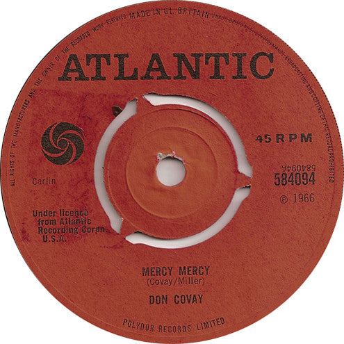 Image of Front Cover of 7" - /VG - DON COVAY, Mercy Mercy / Sookie Sookie (Atlantic; 584094, UK 1967, 3 prong centre), Large centre hole.,  - 1326078E