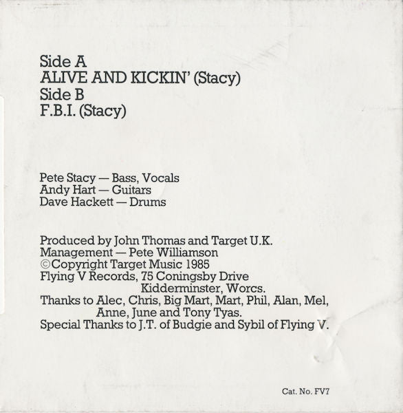 Image of Back Cover of 1154212S: 7" - TARGET U.K., Alive & Kickin' (Flying V Records; FV 7, UK 1985, Picture Sleeve) Light ring wear and a small moisture stain on front cover. Overall the sleeve is sturdy and intact. Clean disc.   VG/VG+