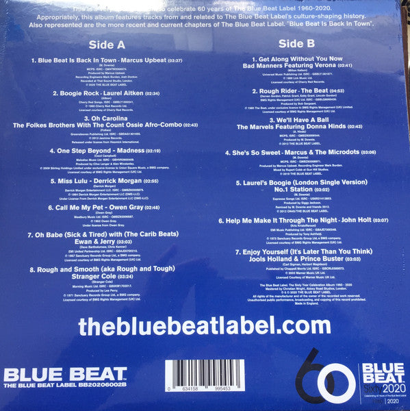 Image of Back Cover of 1244036S: LP - VARIOUS ARTISTS, Blue Beat Is Back In Town - The Sixty Year Celebration Album 1960 - 2020 (Blue Beat; BB202060002B, UK 2020)   EX/EX