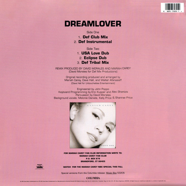Image of Back Cover of 12" - VG/VG - MARIAH CAREY, Dreamlover (Columbia; 44 77079, US 1993, David Morales remixes), Hairlines, silver pen on side1 label, still in opened shrinkwrap w/ hype sticker, wear on open edge,  - 2846004S