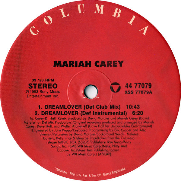 Image of Label Cover of 12" - VG/VG - MARIAH CAREY, Dreamlover (Columbia; 44 77079, US 1993, David Morales remixes), Hairlines, silver pen on side1 label, still in opened shrinkwrap w/ hype sticker, wear on open edge,  - 2846004S