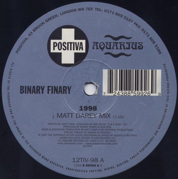 Image of Label Cover of 12" - VG/VG+ - BINARY FINARY, 1998 (Positiva; 12TIV-98, UK 1998, Titled Company Sleeve), Corner, edge and ringwear,  - 2116672C