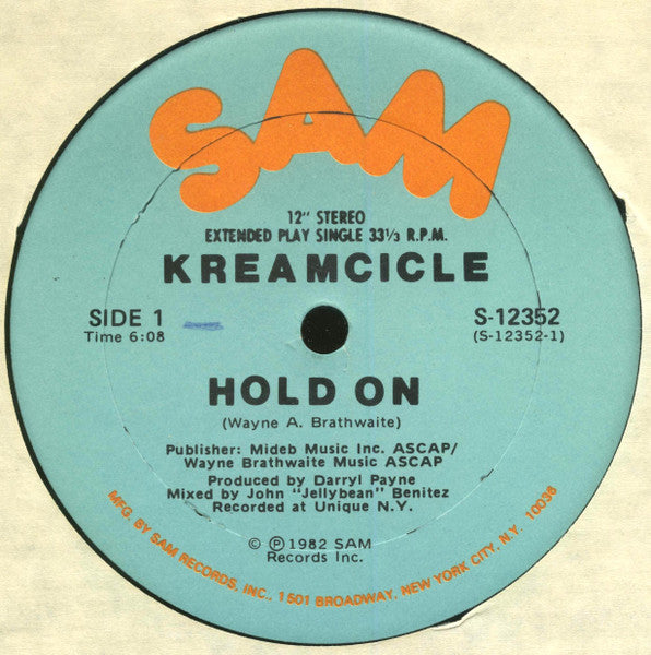 Image of Front Cover of 1224300E: 12" - KREAMCICLE, Hold On (Sam Records; S-12352, US 1982, Company Sleeve) Light marks only. Wear to edges of company sleeve and evidence of previous price sticker.  G+/VG