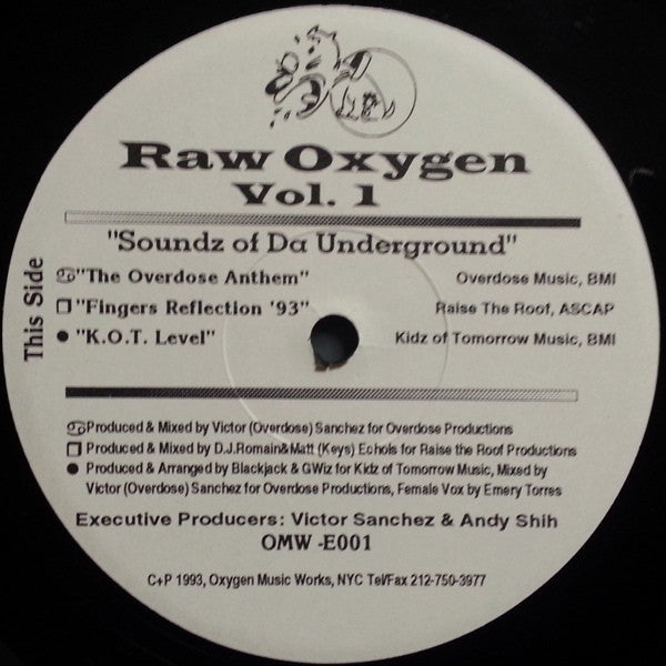 Image of Back Cover of 1224292E: 12" - VARIOUS, Raw Oxygen Vol. 1 (Soundz Of Da Underground) (OMW (Oxygen Music Works); OMW -E001, US 1993, Plain Sleeve) Good Shine, Clean Labels. Decent Copy.  /VG+