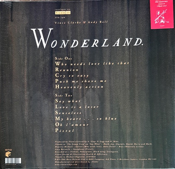 Image of Back Cover of 1814412C: LP - ERASURE, Wonderland (Mute; Stumm 25, Europe 2016 Reissue, Inner, 180 Gram Vinyl.) No hype sticker.  EX/EX