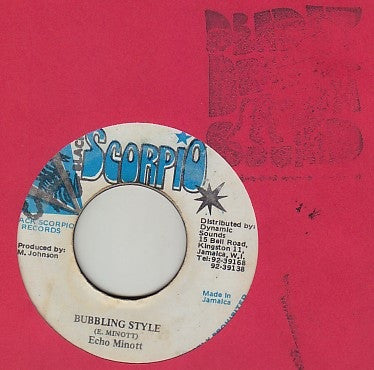 Image of Front Cover of 1224323E: 7" - ECHO MINOTT, Bubbling Stylee (Black Scorpio; , Jamaica 1985)   /VG+