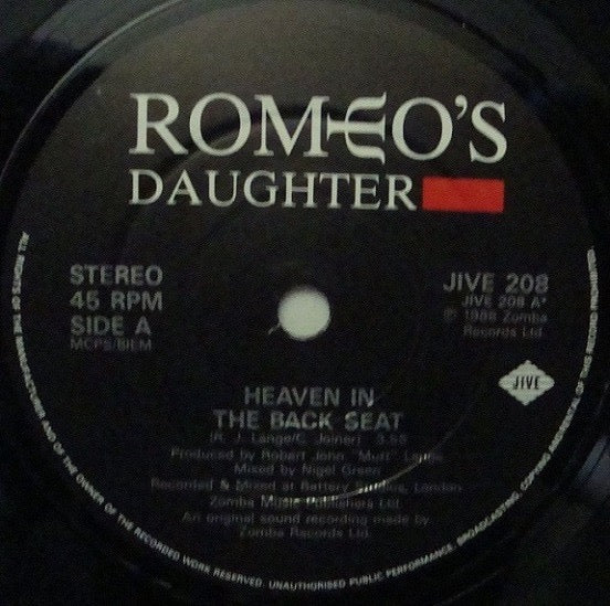 Image of Label Cover of 1214315C: 7" - ROMEO'S DAUGHTER, Heaven In The Back Seat (Jive; JIVE X 208, UK 1989, Box Set, 3 Prints, Sticker & Badge)   VG/VG+