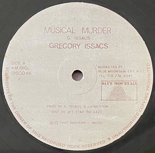 Image of Front Cover of 1214310C: 12" - GREGORY ISSACS*, Musical Murder (Blue Mountain; AM 010, UK 1985) Light Marks only.  /VG