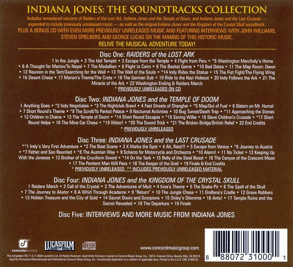 Image of Back Cover of 1254027S: 5xCD - JOHN WILLIAMS, Indiana Jones: The Soundtracks Collection (Concord Records; CRE-31000-02, UK, Europe & US 2008, Box Set)   VG+/VG+