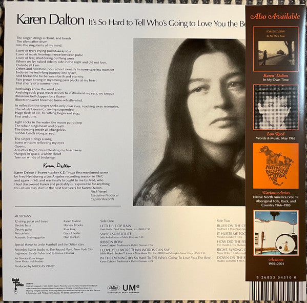 Image of Back Cover of 5114456C: LP - KAREN DALTON, It's So Hard To Tell Who's Going To Love You The Best (Light In The Attic; LITA 045, US 2024, Gatefold, Insert)   NEW/NEW