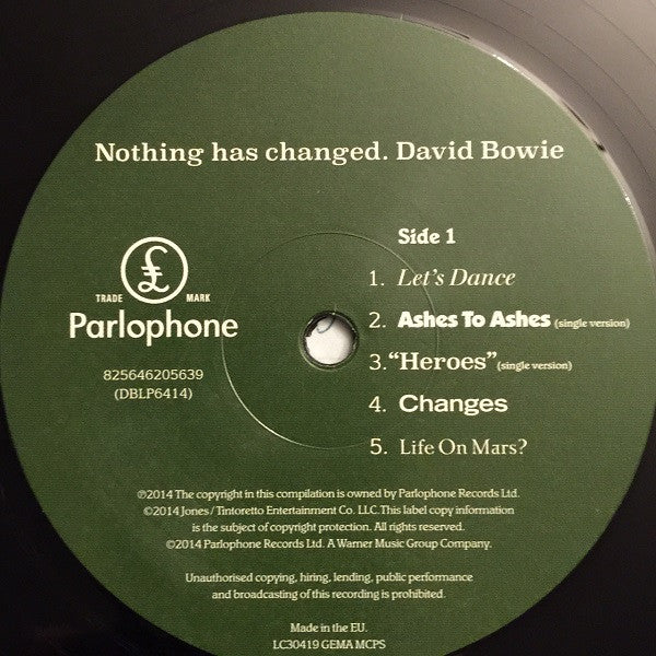 Image of Label of 3524336E: 2xLP - DAVID BOWIE, Nothing Has Changed (Parlophone; 825646205639, Europe 2014, Non Stickered Gatefold Sleeve, 2 Inners, 180 Gram Vinyl)   VG+/VG+