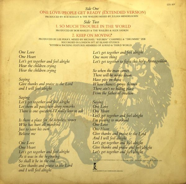 Image of Back Cover of 5115366C: 12" - BOB MARLEY AND THE WAILERS, One Love People Get Ready / So Much Trouble In The World / Keep On Moving (Island Records; 12IS 169, UK 1984, Picture Sleeve, No Poster) Light lines only.  VG/VG+