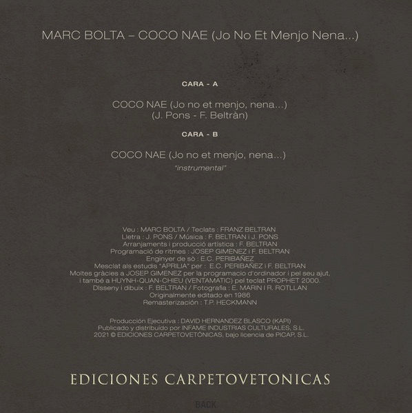 Image of Back Cover of 1214446C: 12" - MARC BOLTA, Coco Nae (Jo No Et Menjo Nena) (Ediciones Carpetovetonicas; ECA 01, Spain 2021) Very clean copy!  VG+/VG+