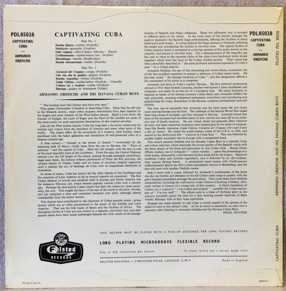 Image of Back Cover of 1324024E: LP - ARMANDO OREFICHE AND HIS HAVANA CUBAN BOYS, Captivating Cuba (Felsted; PDL 85028, UK 1957, Laminated Scalloped Flipback Sleeve, Mono) Tape residue along top flipback of sleeve reverse.  VG/G+