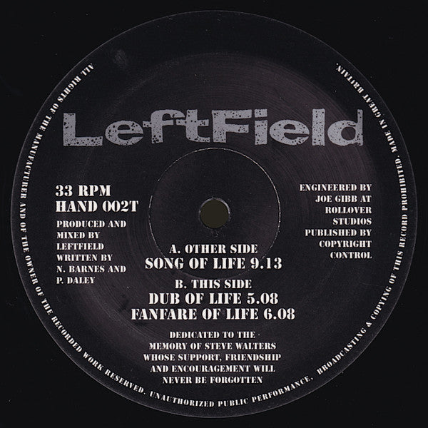 Image of Front Cover of 12" - G+/G+ - LEFTFIELD, Song of Life (Hard Hands; HAND002T, UK 1992, Company Sleeve), one or two larger scuffs. original company sleeve - small tear and light creasing,  - 4246210S