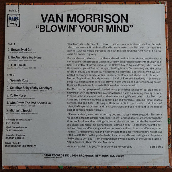 Image of Back Cover of 1324085E: LP - VAN MORRISON, Blowin' Your Mind! (Bang Records; BLP-218, US 1967) Saw slit in top left  VG/VG+