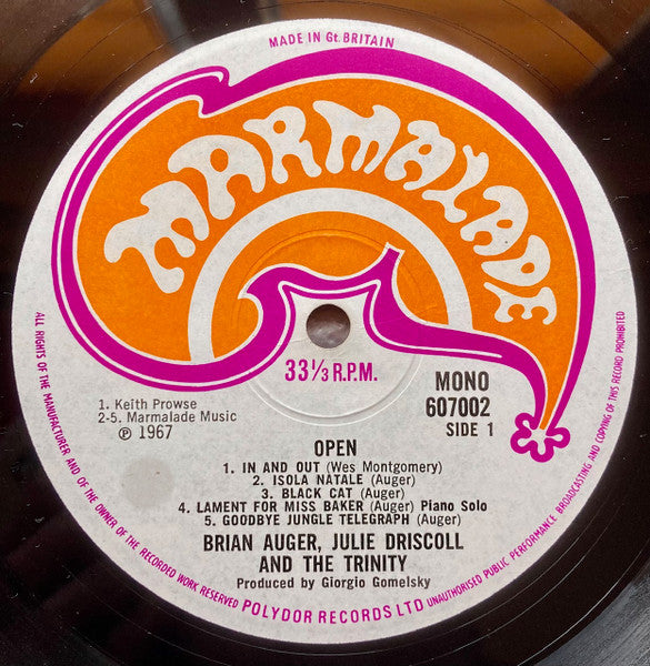Image of Label Cover of LP - VG/VG - BRIAN AUGER, JULIE DRISCOLL AND THE TRINITY, Open (Marmalade; 607 002, UK 1967, No Insert, Mono.), ,  - 1526113E