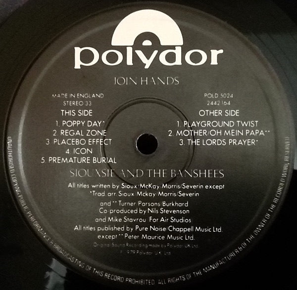 Image of Label Cover of LP - VG+/VG+ - SIOUXSIE AND THE BANSHEES, Join Hands (Polydor; POLD 5024, UK 1980s Reissue, Gatefold, Inner, No "Rays" In Runout), ,  - 2616070C