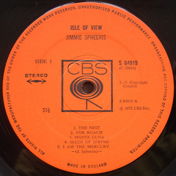 Image of Label Cover of LP - VG/VG - JIMMIE SPHEERIS, Isle Of View (CBS ; S 64919, UK 1972, Company Inner), ,  - 4226335E