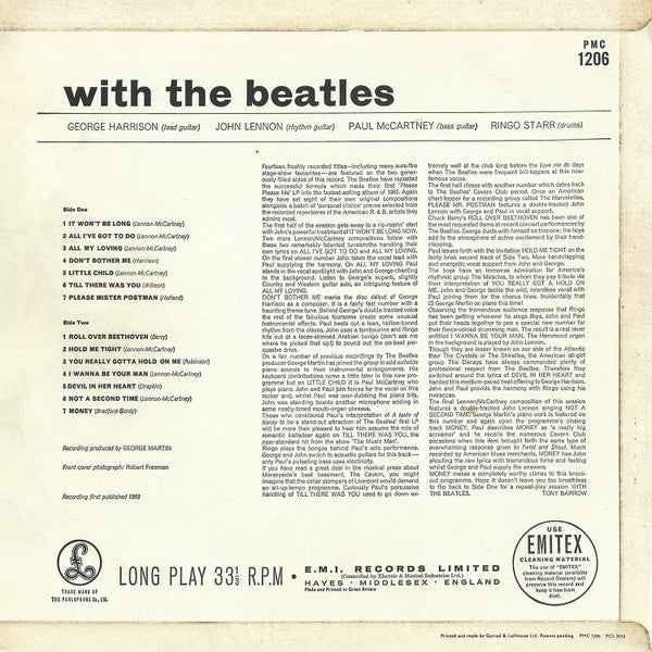 Image of Back Cover of 1344154S: LP - THE BEATLES, With The Beatles (Parlophone Black/Yellow; PMC 1206, UK 1963, Laminated Flipback Sleeve, Mono, 'Dominion' Credit, NO Tax Code, "Got A Hold" on Label/"Gotta" on Sleeve) Sleeve is intact but has edge wear. Front cover has a tear on right edge. Rarely clean disc--visually a VG but sounds much closer to a VG+. Quiet surface noise.   G+/VG