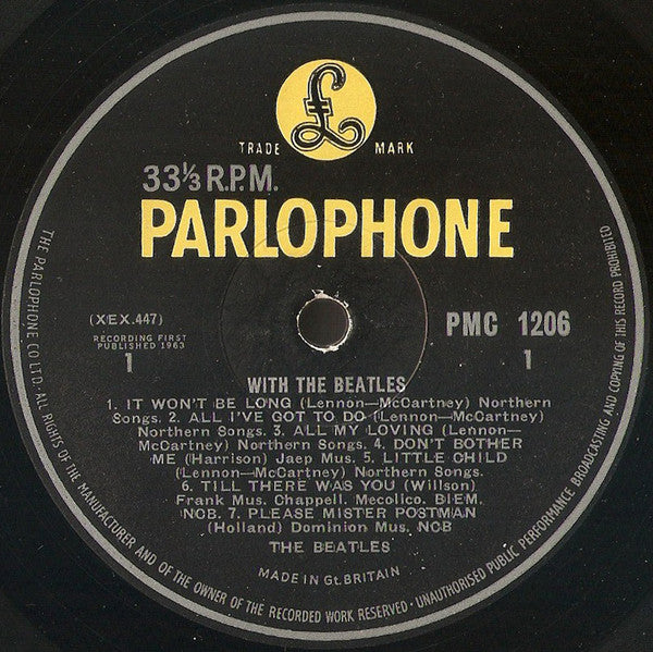 Image of Label Cover of 1344154S: LP - THE BEATLES, With The Beatles (Parlophone Black/Yellow; PMC 1206, UK 1963, Laminated Flipback Sleeve, Mono, 'Dominion' Credit, NO Tax Code, "Got A Hold" on Label/"Gotta" on Sleeve) Sleeve is intact but has edge wear. Front cover has a tear on right edge. Rarely clean disc--visually a VG but sounds much closer to a VG+. Quiet surface noise.   G+/VG