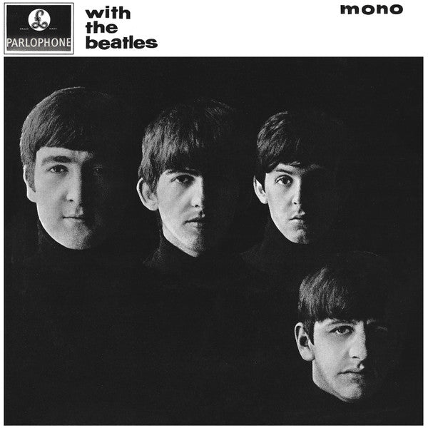 Image of Front Cover of 4524351E: LP - THE BEATLES, With The Beatles (Parlophone Black/Yellow; PMC 1206, UK 1963, Laminated Flipback Sleeve, Mono, 'Dominion' Credit, NO Tax Code, "Got A Hold" on Label/"Gotta" on Sleeve) Many light marks on the vinyl. Sleeve has many creases, tear on opening side, name stuck on with tape, staining on sleeve rear.  G+/G