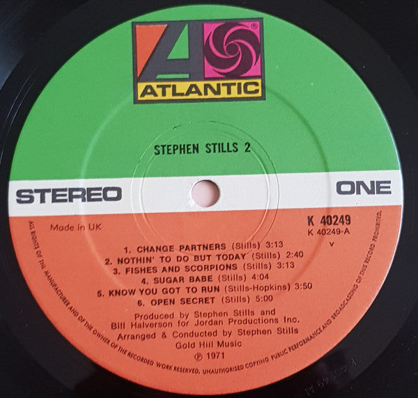 Image of Label Cover of 4945084S: LP - STEPHEN STILLS, 2 (Atlantic Orange & Green - No W Logo On Label Rim; K40249, UK 1972 Reissue, Textured Gatefold, Inner) Corner cut (notched). Back cover split along bottom. Strong VG+ disc.  G+/VG+