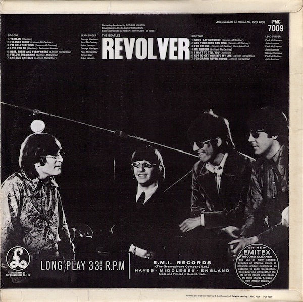 Image of Back Cover of LP - VG/G+ - THE BEATLES, Revolver (Parlophone Black/Yellow; PMC 7009, UK 1966, Laminated G&L Flipback Sleeve, Mono - XEX605-2/XEX606-1 Matrix Nos. Long Version of Tomorrow Never Knows), Light scratches & hairlines but none feelable, edge wear, small tear on back opening edge, SIDE ONE - XEX605-2SIDE TWO - XEX606-1 Withdrawn Mix of "Tomorrow Never Knows" - 4346007S