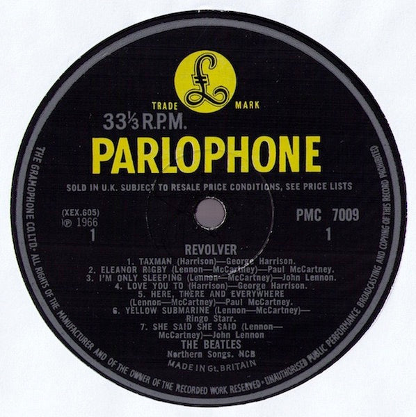 Image of Label Cover of LP - VG/G+ - THE BEATLES, Revolver (Parlophone Black/Yellow; PMC 7009, UK 1966, Laminated G&L Flipback Sleeve, Mono - XEX605-2/XEX606-1 Matrix Nos. Long Version of Tomorrow Never Knows), Light scratches & hairlines but none feelable, edge wear, small tear on back opening edge, SIDE ONE - XEX605-2SIDE TWO - XEX606-1 Withdrawn Mix of "Tomorrow Never Knows" - 4346007S