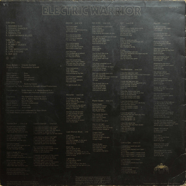 Image of Back Cover of LP - G+/G - T. REX, Electric Warrior (Fly; HIFLY6, UK 1971, E.J. Day Sleeve, Inner, No Poster), Lots of light marks and hairlines, Inner starting to split, Sleeve has many small creases, Edge wear and ring wear but no tears. ,  - 2716369C