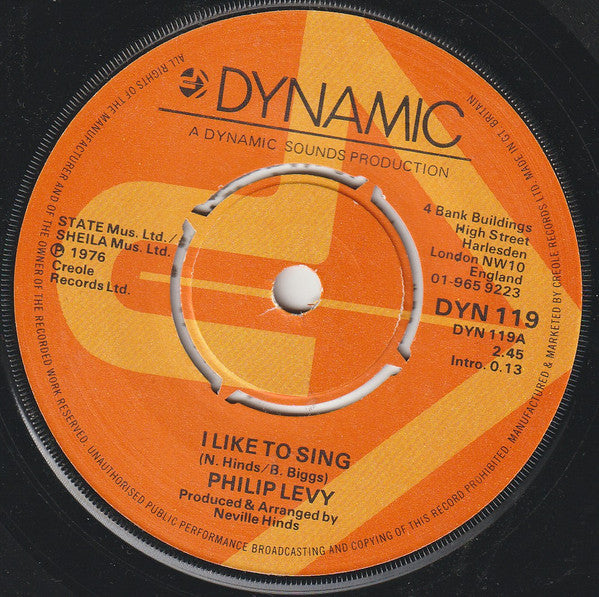 Image of Front Cover of 1354146S: 7" - PAPA LEVI, I Like To Sing (Dynamic Sounds; DYN 119, UK 1976) Centre Intact  /VG+