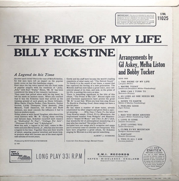 Image of Back Cover of 1314332C: LP - BILLY ECKSTINE, The Prime Of My Life (Tamla Motown; STML 11025, UK 1965, Laminated Front Flipback Sleeve, Stereo) Sleeve has some discolouration along spine and top edge  VG+/VG