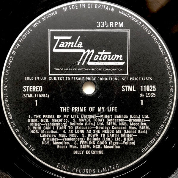 Image of Label Cover of 1314332C: LP - BILLY ECKSTINE, The Prime Of My Life (Tamla Motown; STML 11025, UK 1965, Laminated Front Flipback Sleeve, Stereo) Sleeve has some discolouration along spine and top edge  VG+/VG