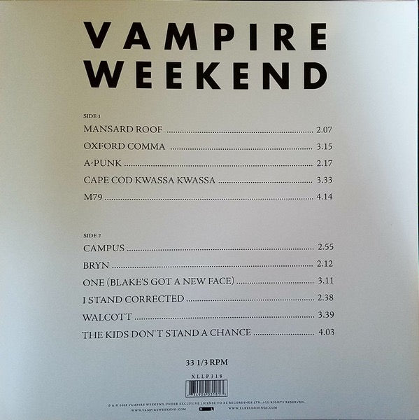 Image of Back Cover of 5054056S: LP - VAMPIRE WEEKEND, Vampire Weekend (XL; XLLP318, UK 2020s Reissue, Insert)   NEW/NEW