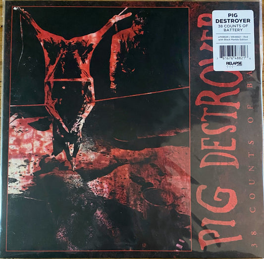 Image of Front Cover of 2214656C: LP - PIG DESTROYER, 38 Counts Of Battery (Relapse Records; RR4152, USA, Canada & Europe 2023 Reissue, Insert, Stickered Outer Plastic Sleeve, Reissue, Remastered, Red with Black Smoke Vinyl)   NEW/NEW