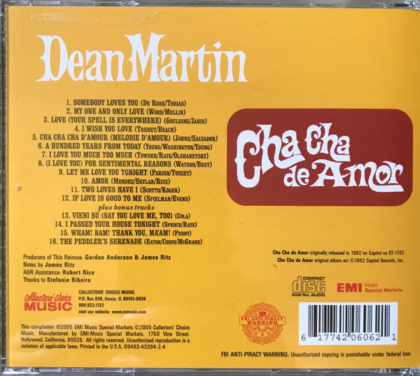 Image of Back Cover of 1354250S: CD - DEAN MARTIN, Cha Cha De Amor (EMI; 09463-43384-2-4, US 2005)   VG+/VG+